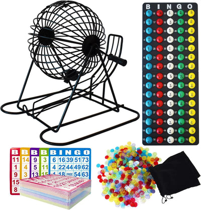 Yuanhe Jumbo Bingo Game Set - 11" Metal Round Cage, 75 Colored Balls, 100 Bingo Cards, 500 Mixed Chips and Master Board for Large Groups, Parties Jumbo Set